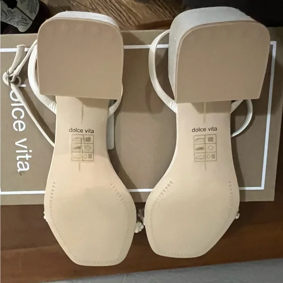 Dolce Vita Ivory Pearl-Trim Ankle Strap Block Heels - Picture 7 of 9